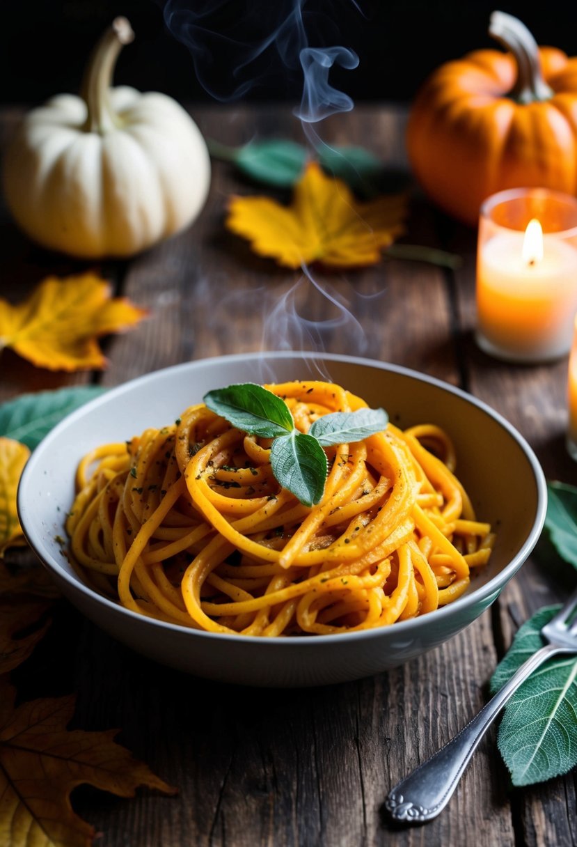 A steaming bowl of pumpkin sage pasta sits on a rustic wooden table, surrounded by autumn leaves and a warm candle glow