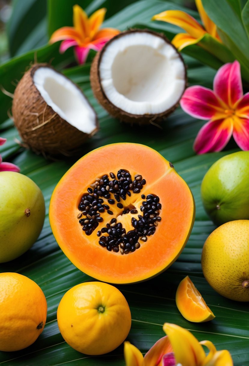 A tropical scene with a ripe papaya surrounded by exotic fruits, coconut, and vibrant flowers