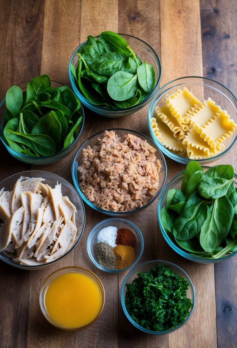 A wooden table with a colorful array of ingredients for turkey and spinach lasagna, including fresh spinach, ground turkey, lasagna noodles, and various spices