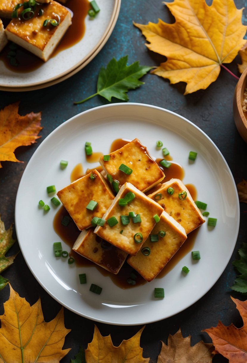 A plate of maple-glazed tofu surrounded by autumn leaves and a warm dinner setting