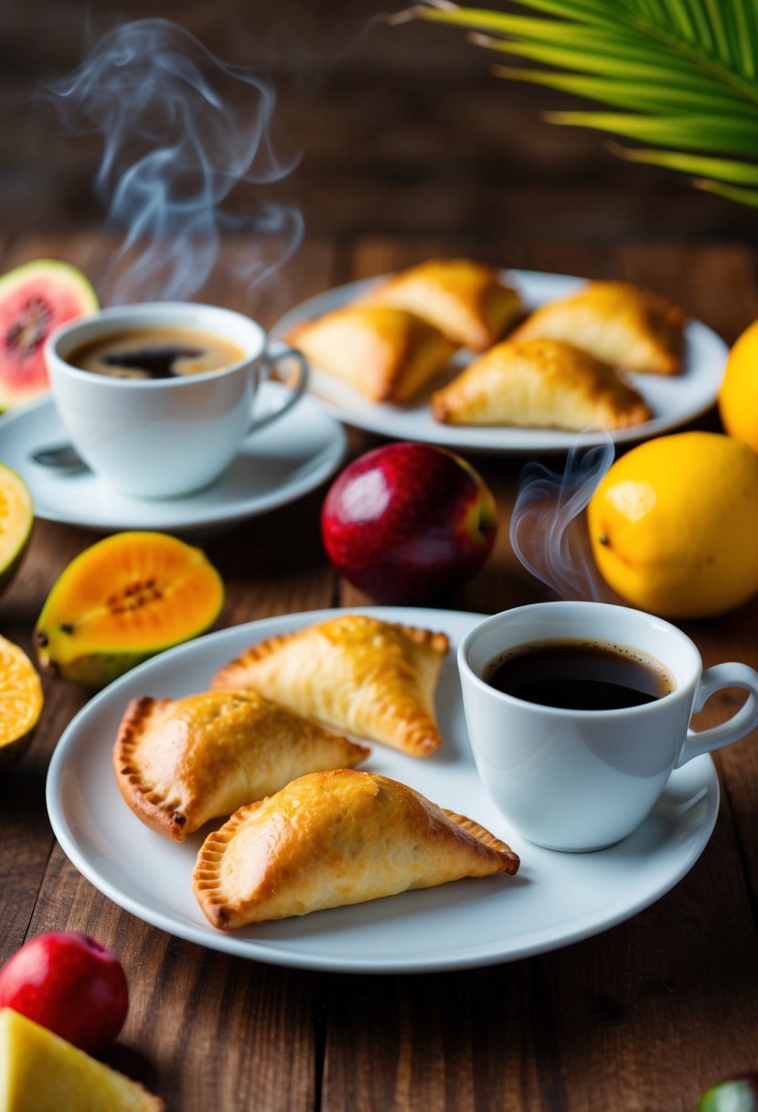 A wooden table with freshly baked empanadas de chiverre, a traditional Costa Rican dessert, surrounded by colorful tropical fruits and a steaming cup of coffee