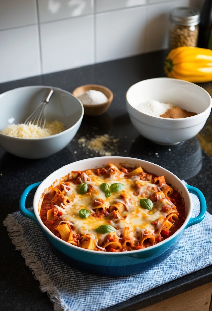 A kitchen counter with scattered ingredients, a mixing bowl, and a baking dish filled with baked ziti ready to be served