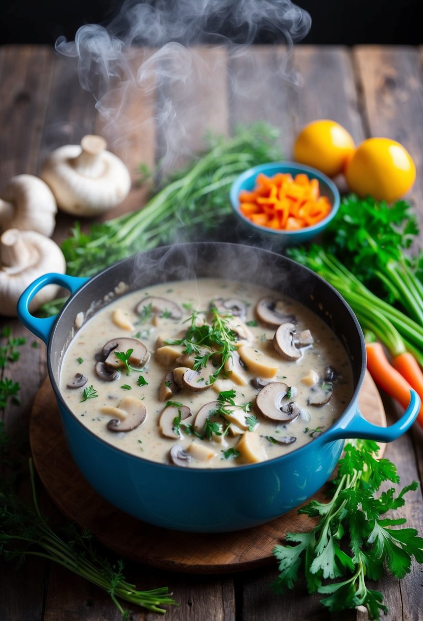 A steaming pot of creamy mushroom stroganoff simmers on a rustic wooden table, surrounded by fresh herbs and colorful vegetables