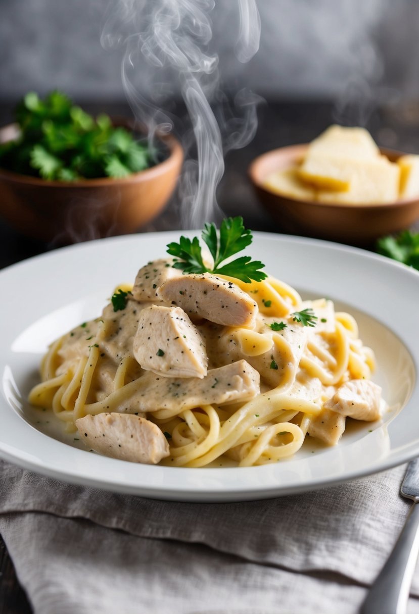 A steaming plate of creamy Chicken Alfredo with a garnish of parsley and a sprinkle of black pepper, served on a white dish