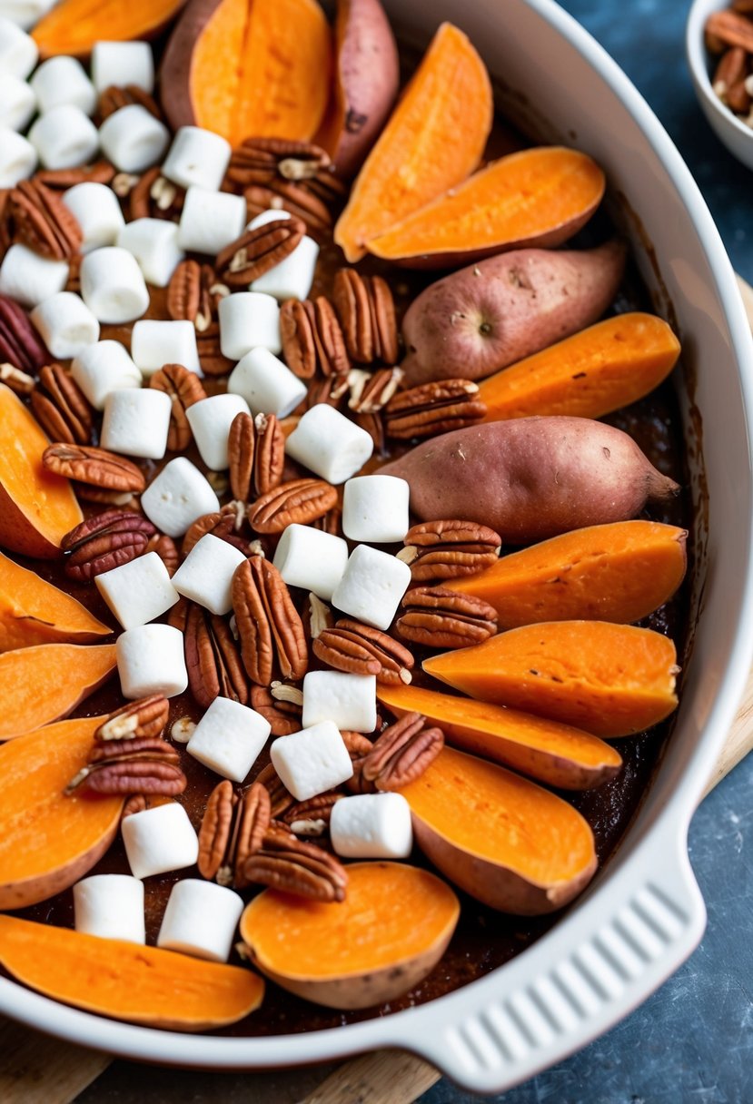 A colorful array of sweet potatoes, pecans, and marshmallows arranged in a baking dish, ready to be baked into a delicious vegan sweet potato casserole