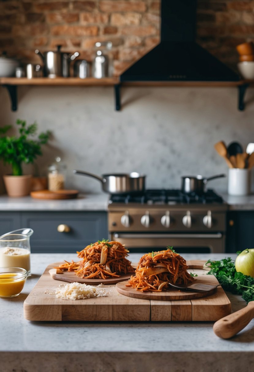 A rustic kitchen counter with ingredients and utensils for making pulled pork sleeves