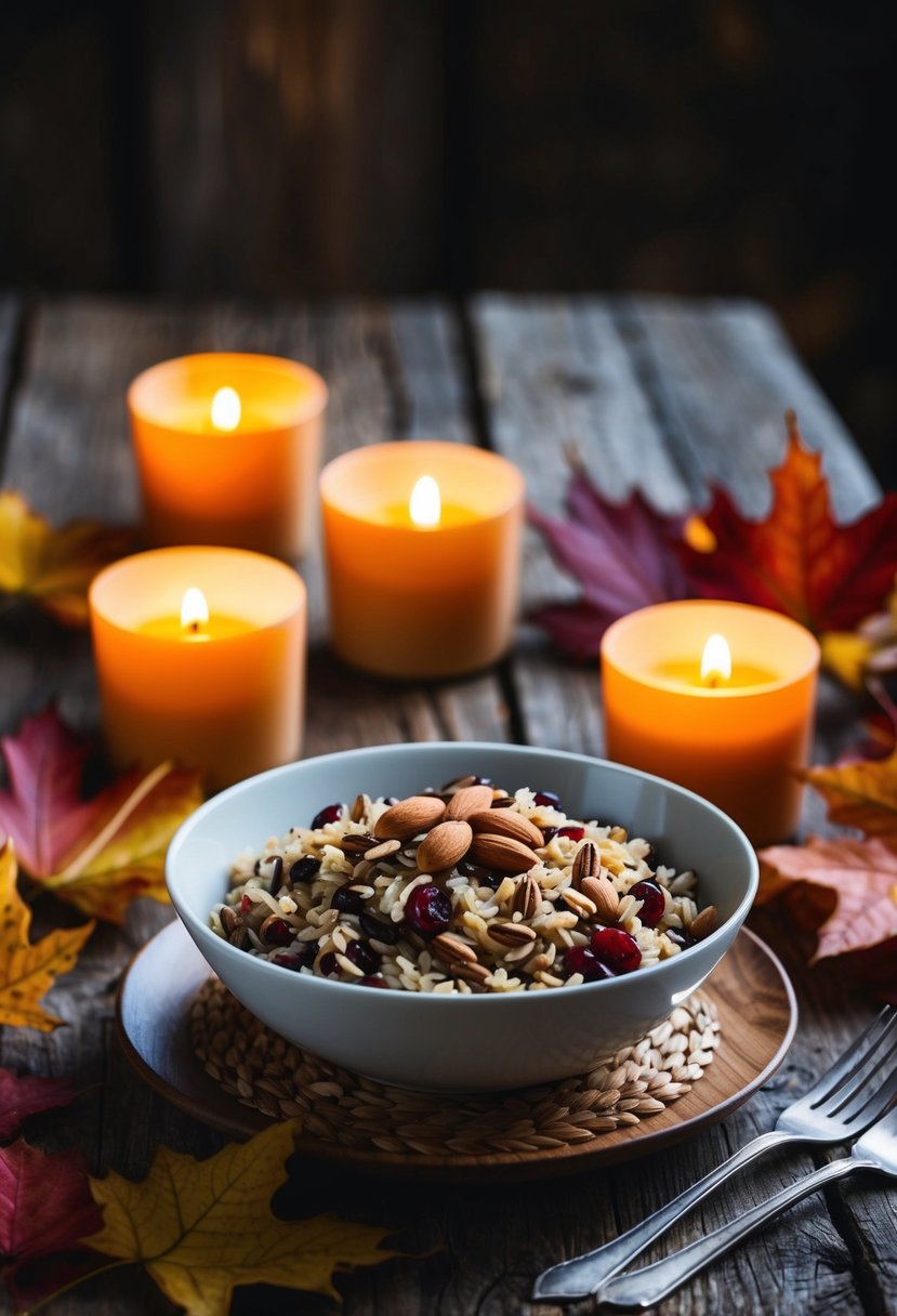 A rustic wooden table set with a bowl of cranberry almond wild rice pilaf, surrounded by autumn leaves and a warm candlelit glow