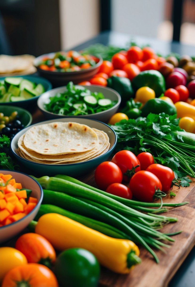 A colorful array of fresh vegetables and tortillas arranged on a cutting board