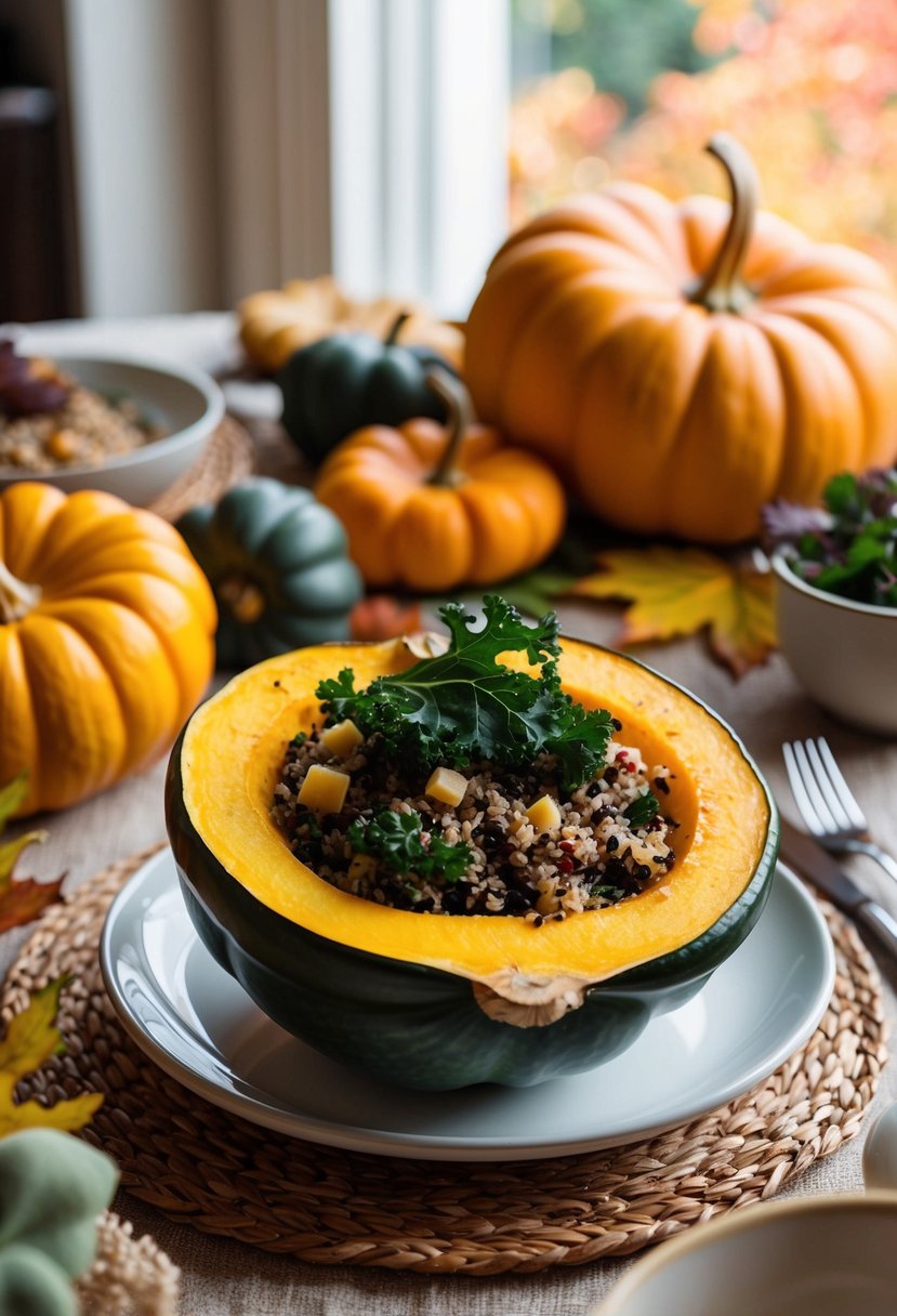 An acorn squash cut in half, filled with quinoa and kale, surrounded by fall foliage and a warm, cozy dinner table setting