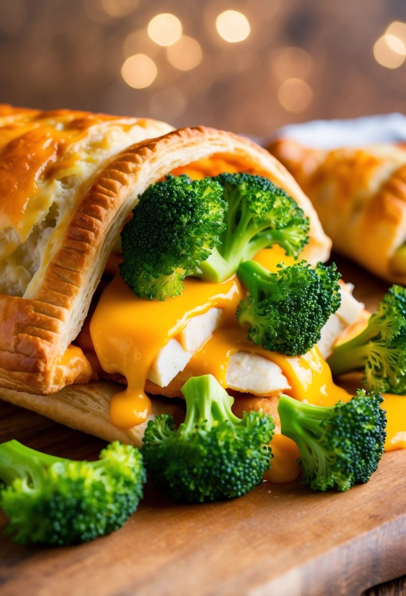 A colorful array of fresh broccoli, tender chicken, and gooey melted cheese spilling out of a golden-brown pastry sleeve