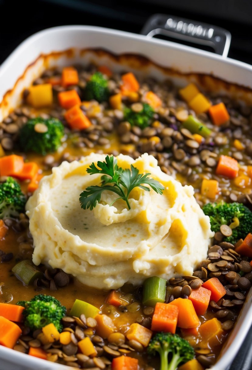 A bubbling casserole dish filled with lentils, mixed vegetables, and creamy mashed potatoes, fresh out of the oven