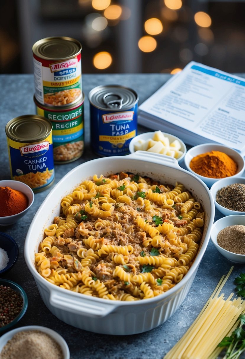 A casserole dish surrounded by ingredients such as canned tuna, pasta, and a variety of spices, with a sleeve of recipe cards nearby