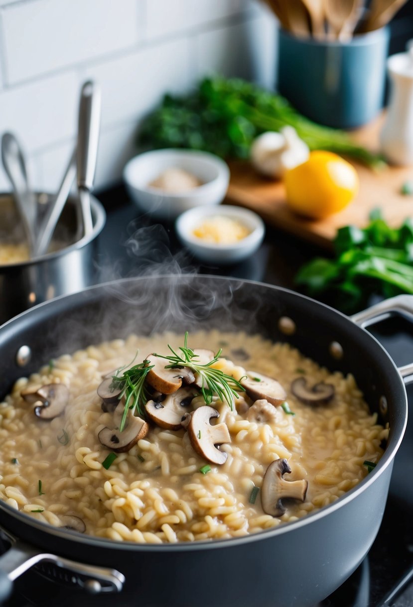 A steaming pot of creamy mushroom risotto simmering on a stovetop, surrounded by fresh ingredients and cooking utensils