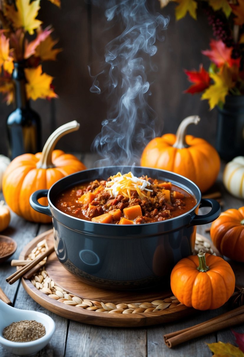 A steaming pot of pumpkin chili surrounded by fall foliage and spices