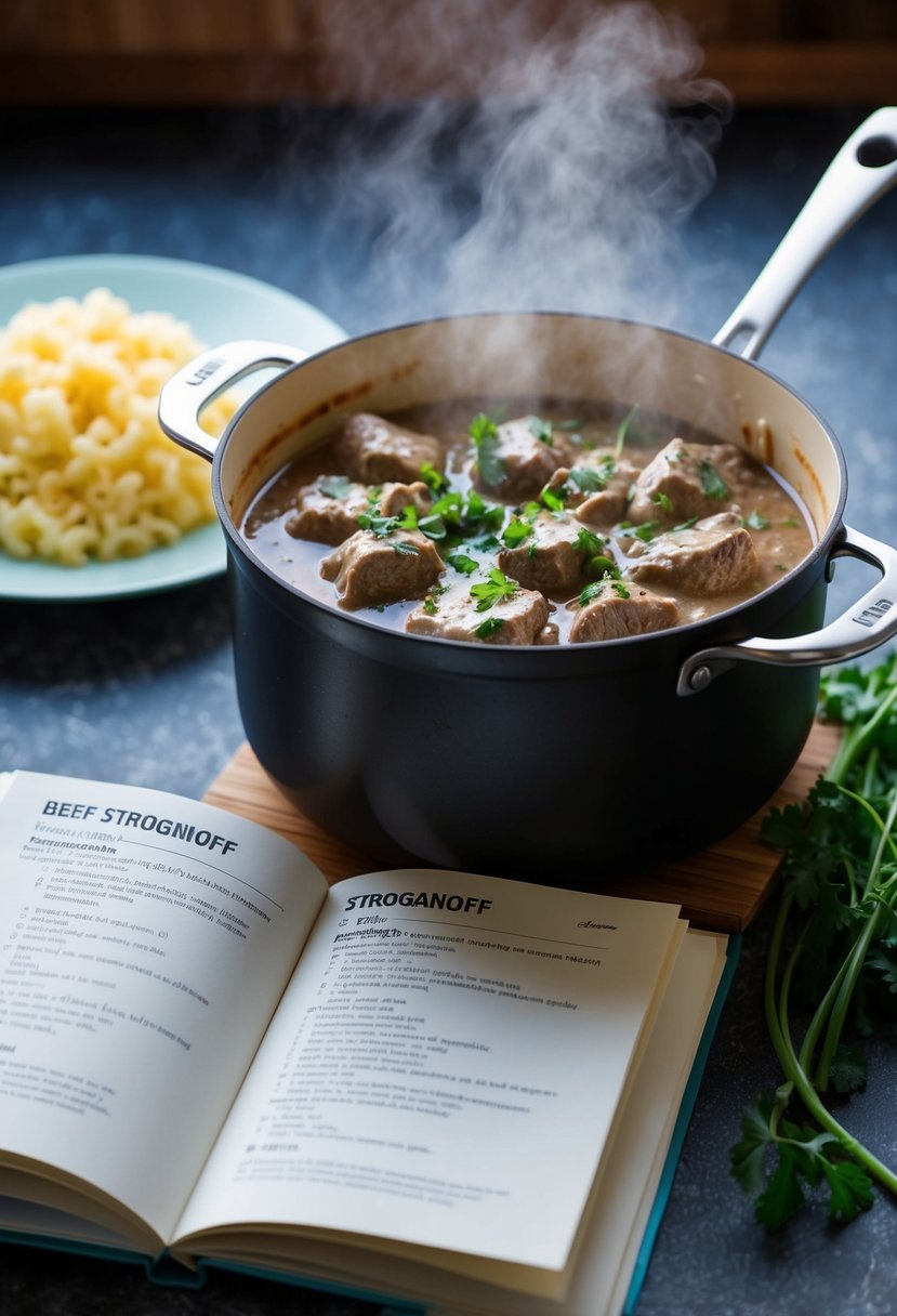 A simmering pot of beef stroganoff with a recipe book open to a page on stroganoff