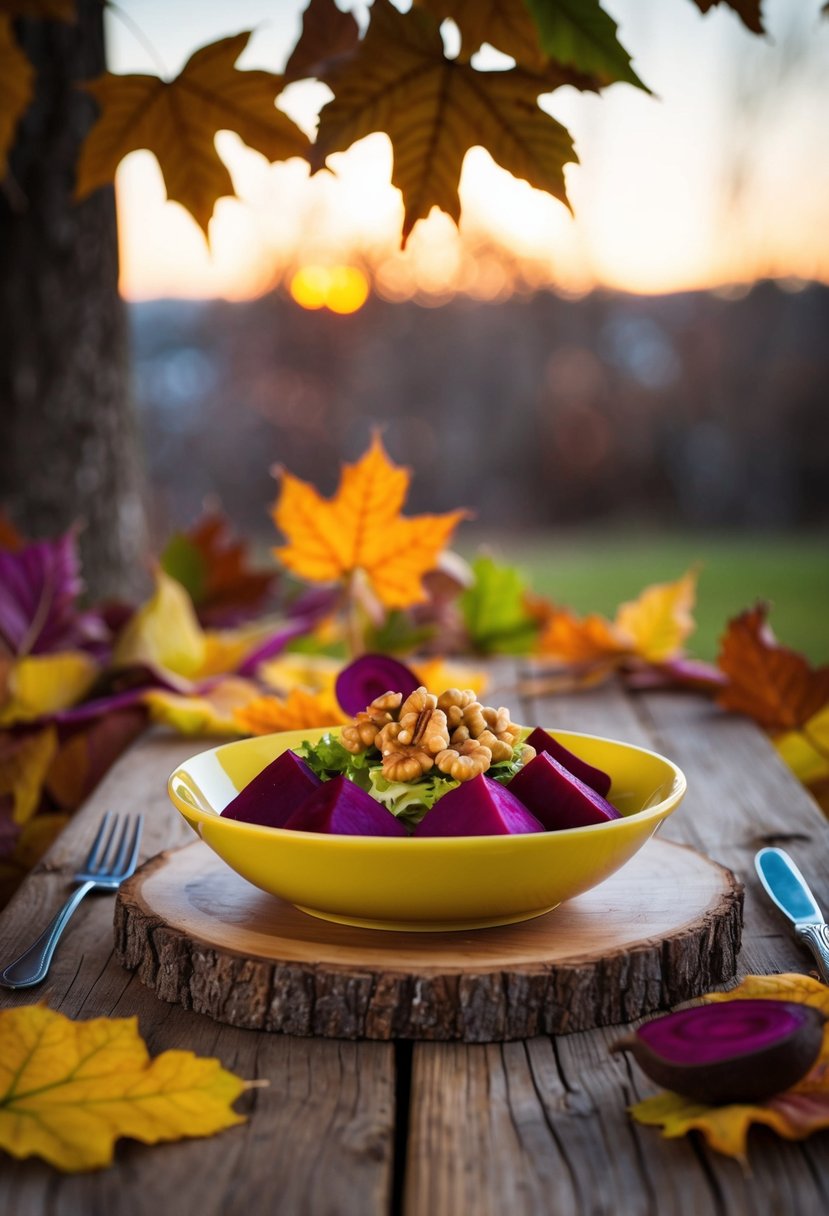 A rustic wooden table set with a colorful beet and walnut salad, surrounded by autumn leaves and a warm evening glow