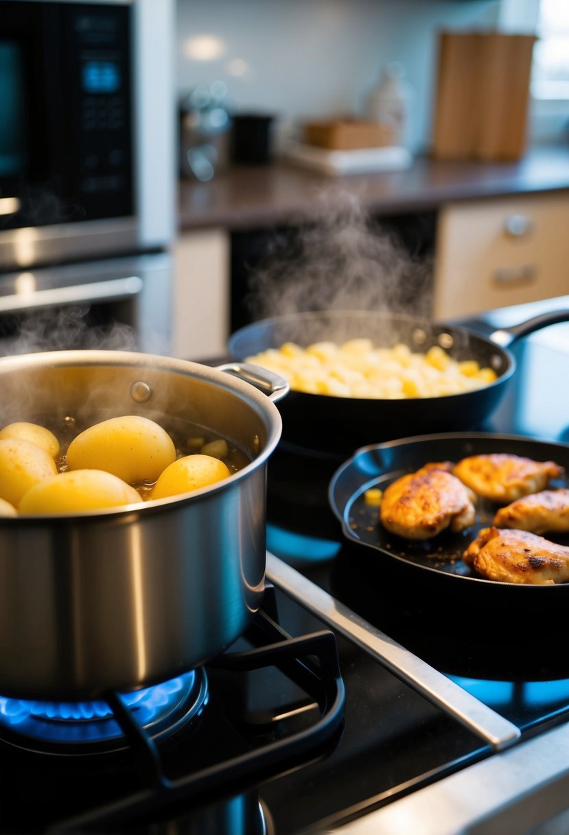 A pot of boiling potatoes and a sizzling skillet of chicken on a kitchen counter