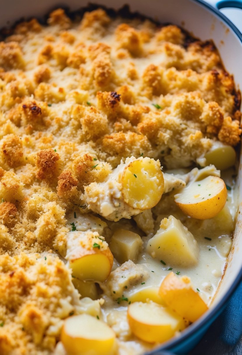 A bubbling casserole dish filled with creamy potato and chicken, topped with golden brown breadcrumbs