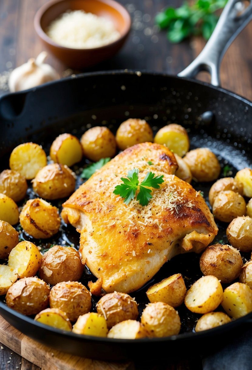 A sizzling skillet of golden-brown chicken and crispy roasted potatoes, coated in a fragrant garlic parmesan seasoning