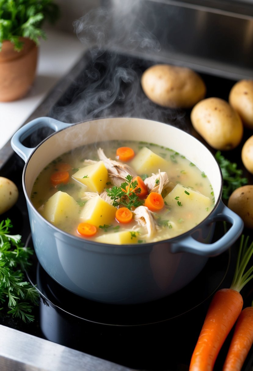 A steaming pot of chicken potato soup simmering on a stovetop, surrounded by fresh potatoes, carrots, and herbs