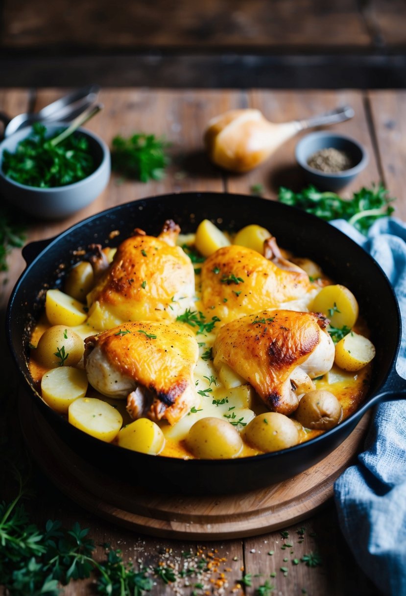 A rustic kitchen scene with a golden-brown chicken and potato gratin dish fresh out of the oven, surrounded by scattered herbs and spices