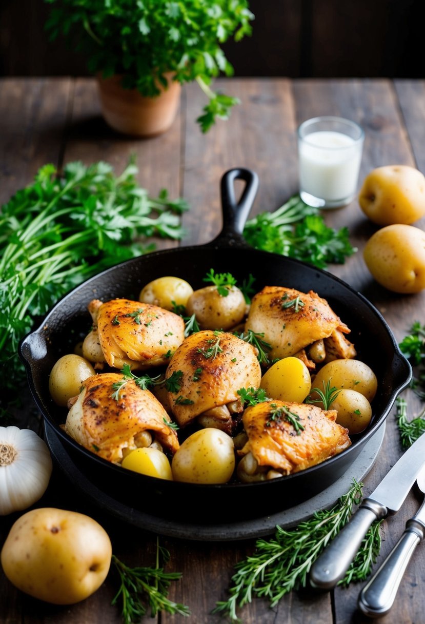 A rustic kitchen scene with a cast iron skillet filled with seasoned chicken and potatoes, surrounded by fresh herbs and vegetables