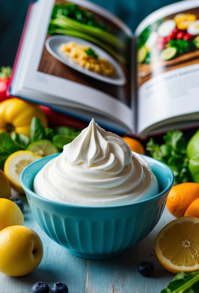 A bowl of whipped egg whites surrounded by fresh fruits and vegetables, with a cookbook open to a healthy recipe in the background