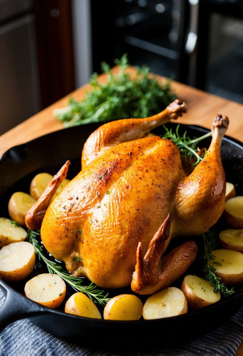 A golden-brown whole chicken surrounded by halved potatoes, fresh herbs, and garlic cloves, roasting in a cast iron skillet in the oven