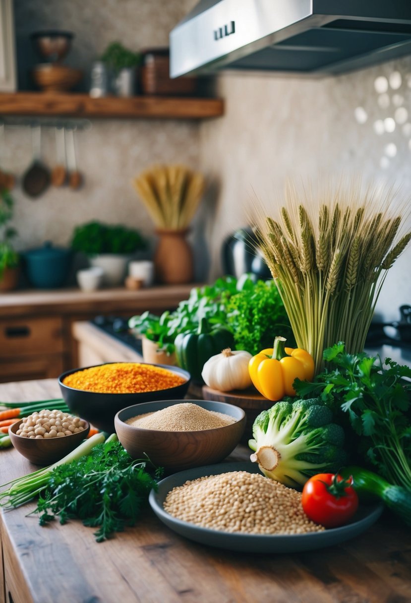 A rustic kitchen counter with a variety of fresh vegetables, grains, and herbs, including wheat, displayed for cooking