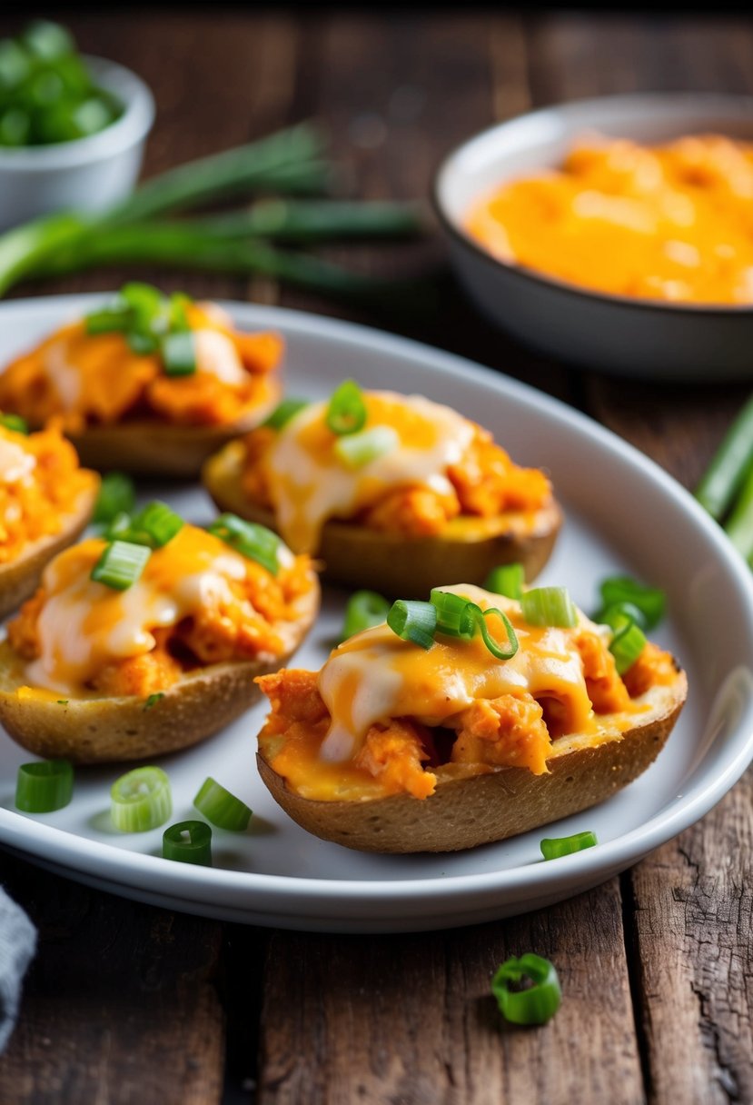 A platter of buffalo chicken potato skins, topped with melted cheese and garnished with green onions, sits on a rustic wooden table