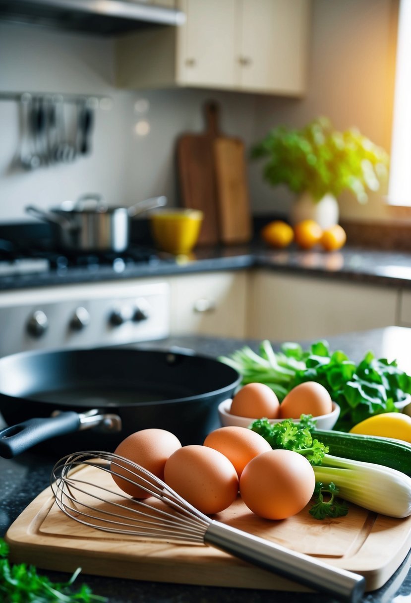 A kitchen counter with fresh eggs, vegetables, and a whisk, surrounded by a cutting board and a skillet