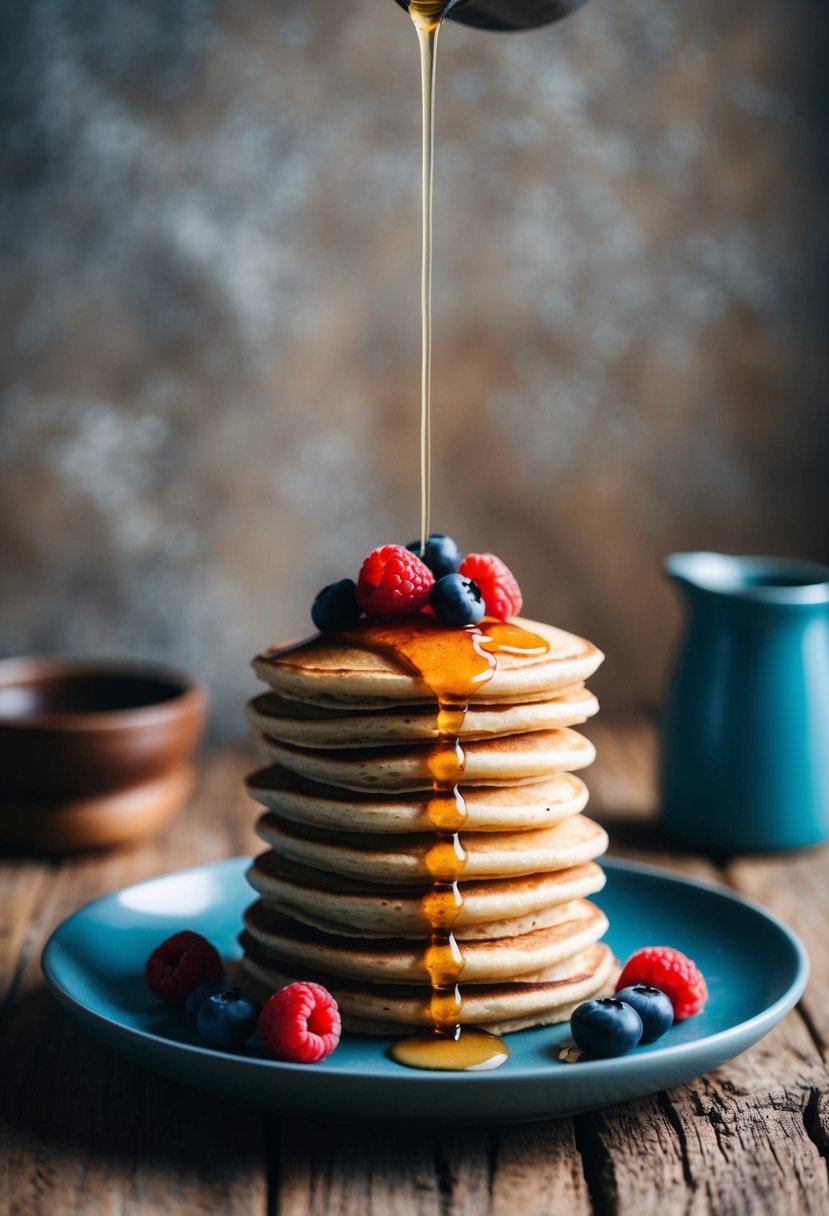 A stack of almond flour pancakes topped with fresh berries and drizzled with maple syrup on a rustic wooden table