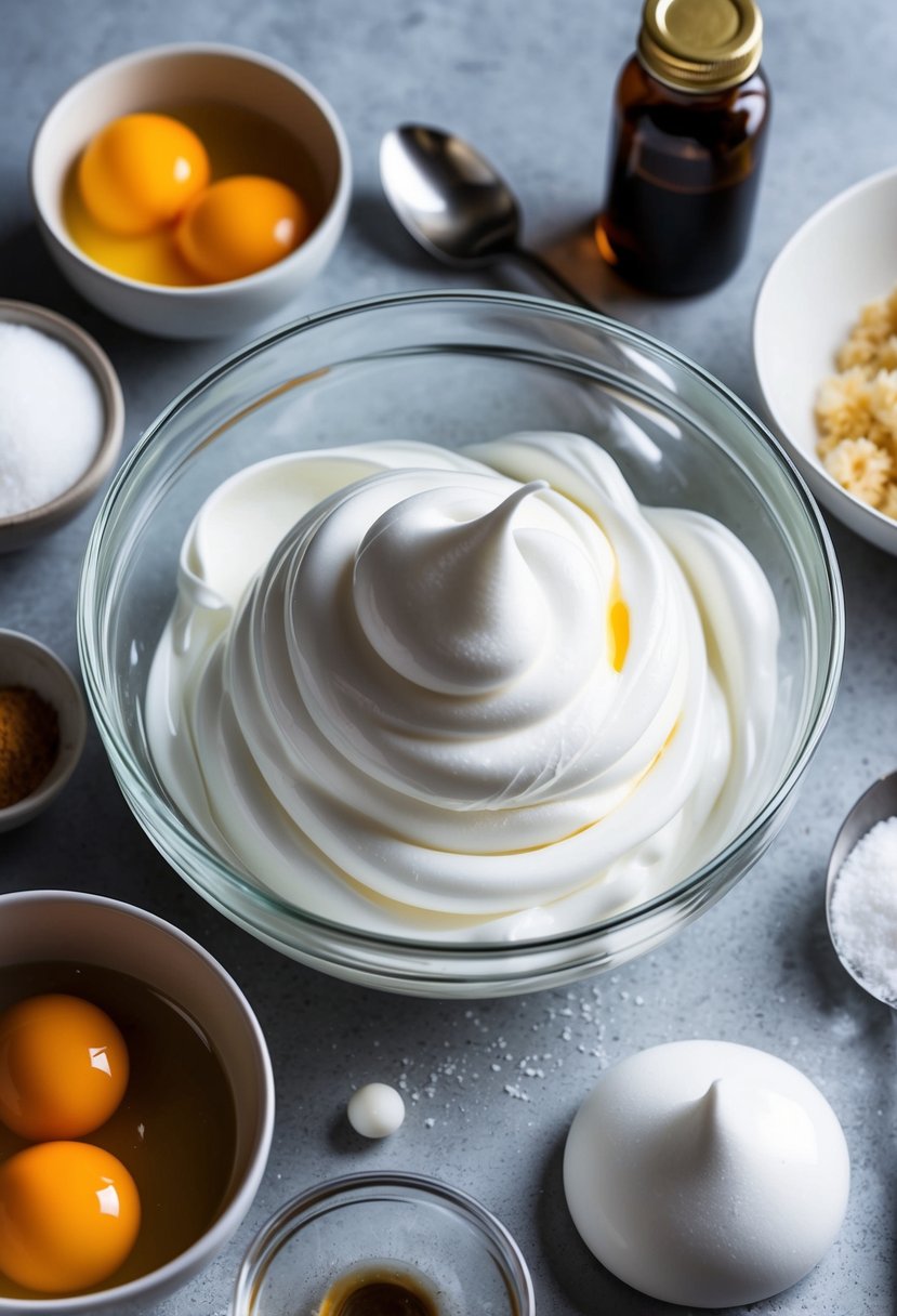 A bowl of whipped egg whites, surrounded by ingredients like sugar and vanilla, ready to be folded into a fluffy meringue mixture