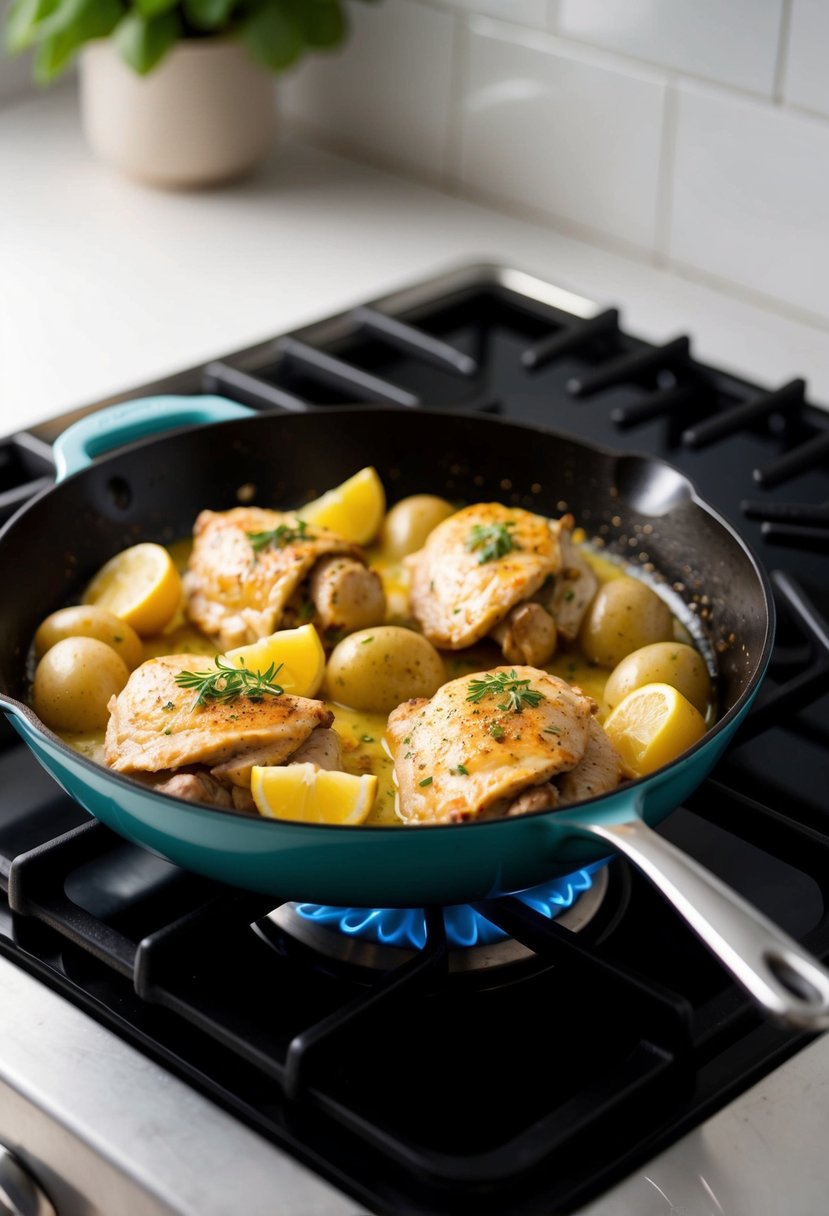 A sizzling skillet of lemon garlic chicken and potatoes cooking on a stovetop