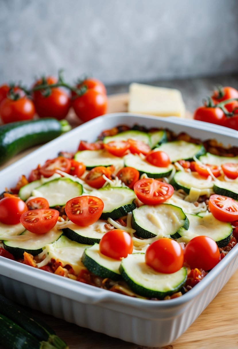 A colorful array of zucchini, tomatoes, and cheese layering in a baking dish for a zucchini lasagna recipe