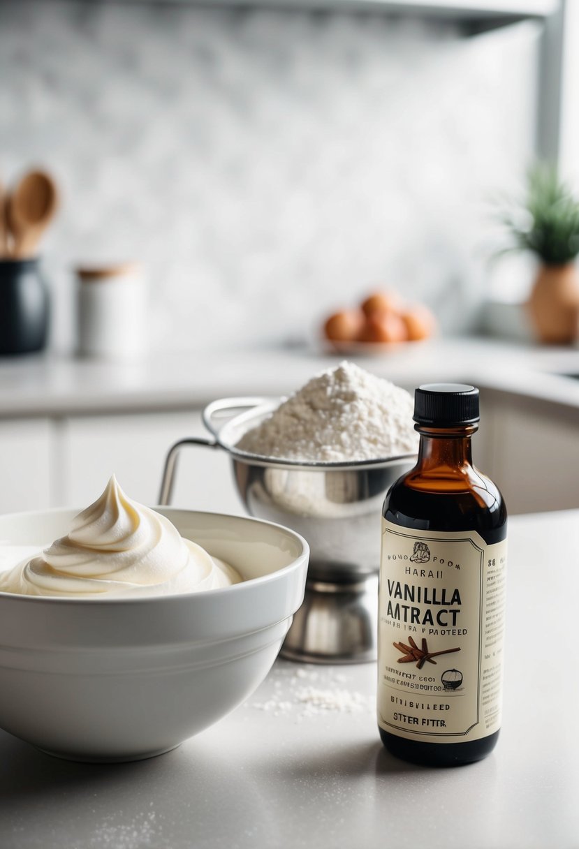 A bowl of whipped egg whites, a sifter of flour, and a bottle of vanilla extract on a clean kitchen counter