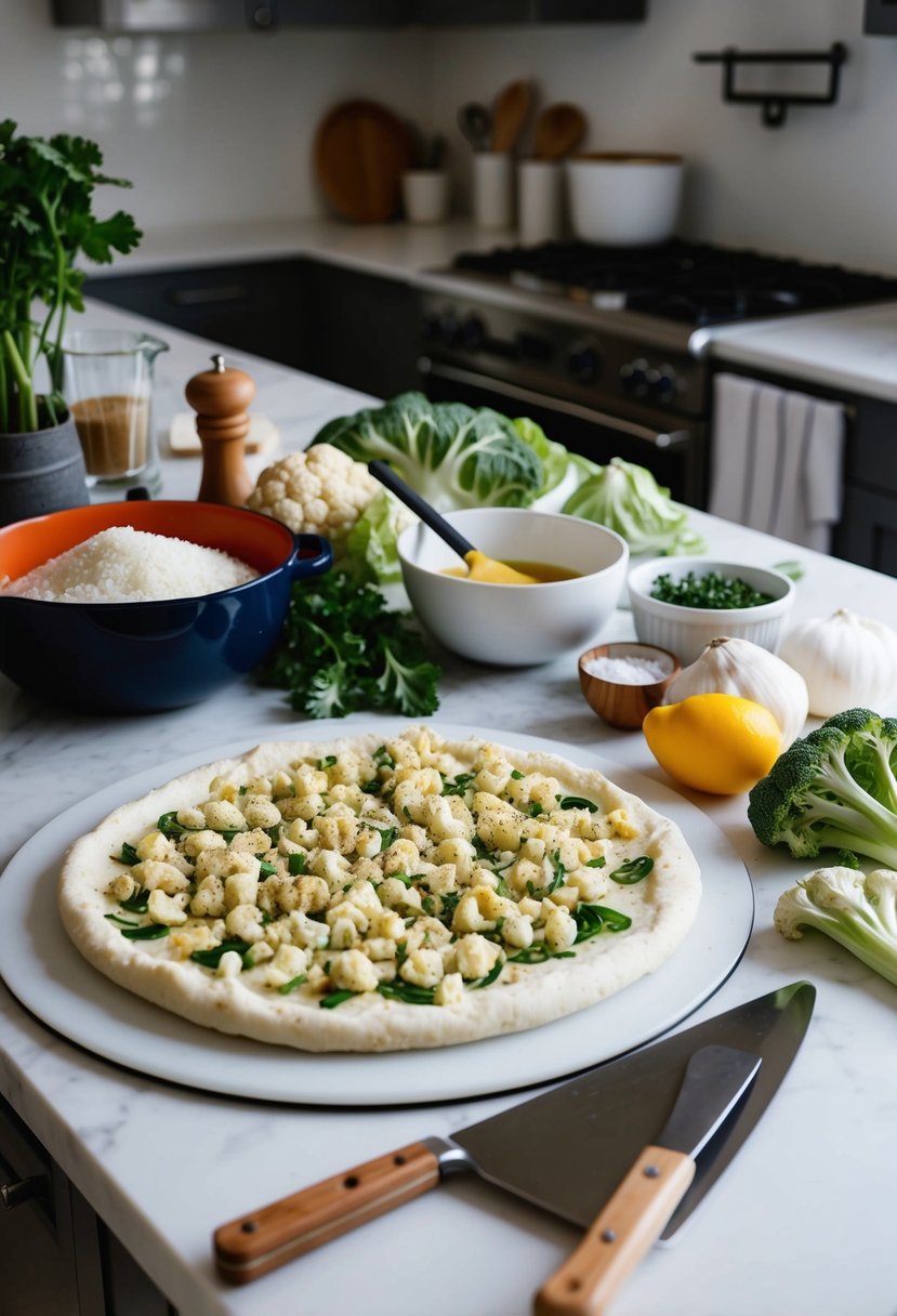 A cauliflower pizza crust being prepared with various ingredients and cooking tools on a kitchen counter