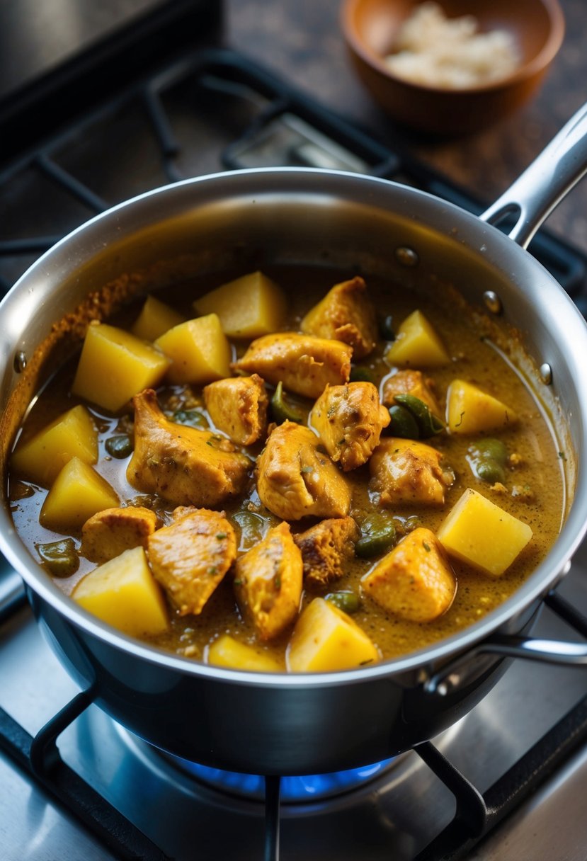 A bubbling pot of chicken potato curry simmers on a stove, filled with chunks of tender chicken, diced potatoes, and aromatic spices