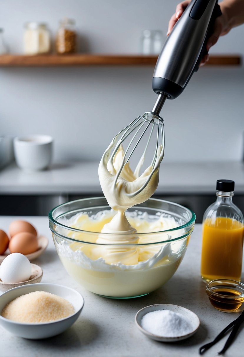 A bowl of fluffy egg whites being whipped with a hand mixer, surrounded by ingredients like sugar and vanilla extract on a clean kitchen counter