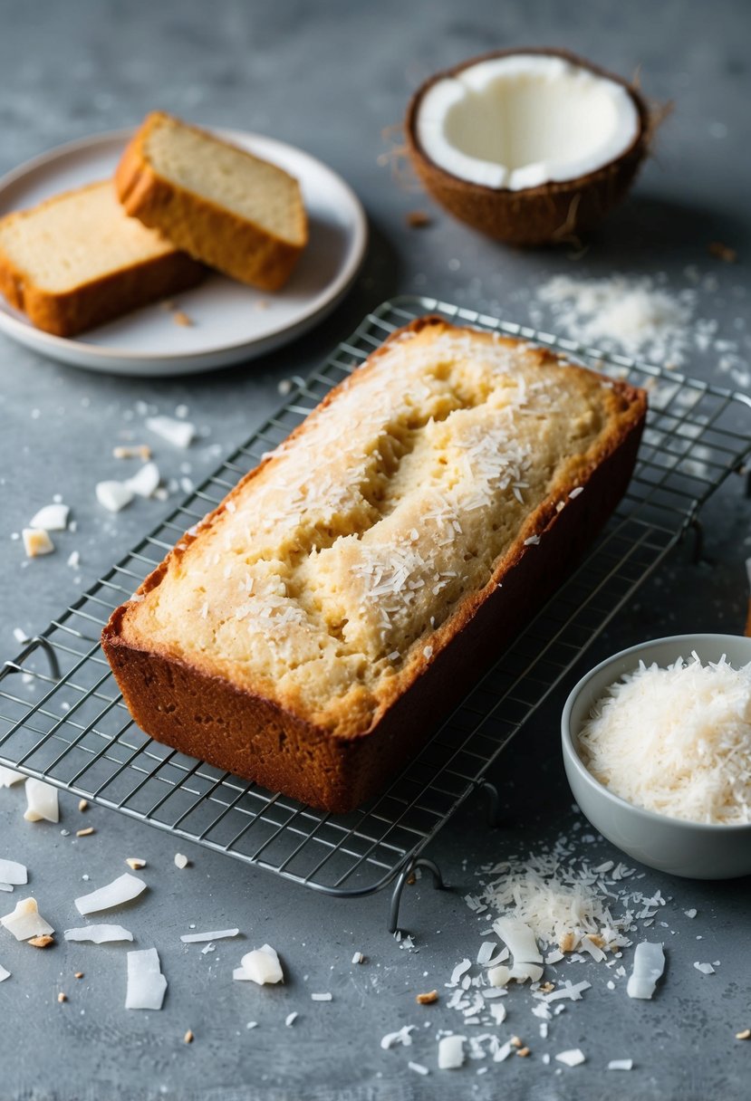 A loaf of coconut flour bread cooling on a wire rack, surrounded by scattered coconut flakes and a bowl of freshly grated coconut