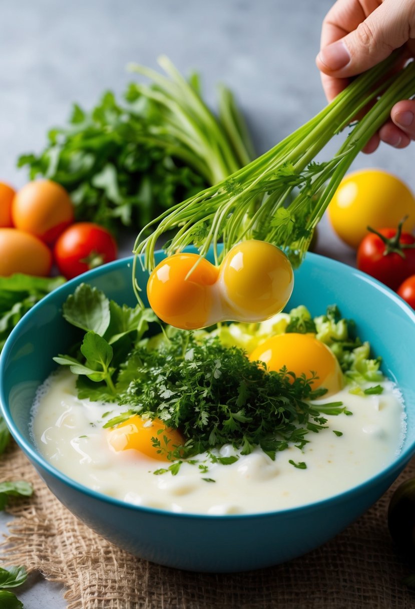 A colorful array of fresh vegetables and herbs being mixed into a bowl of fluffy egg whites, ready to be cooked into a healthy frittata