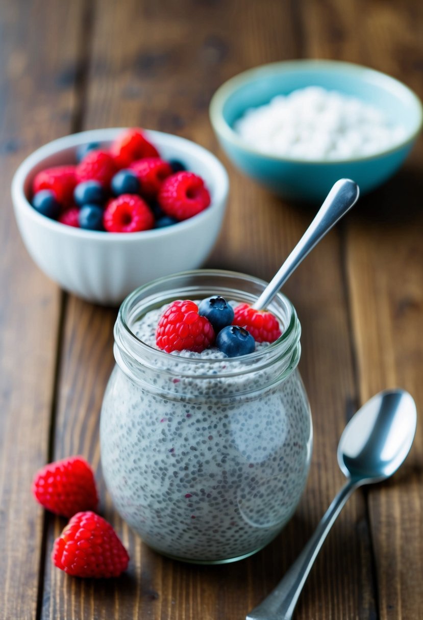 A glass jar filled with chia seed pudding sits on a wooden table next to a bowl of fresh berries and a spoon