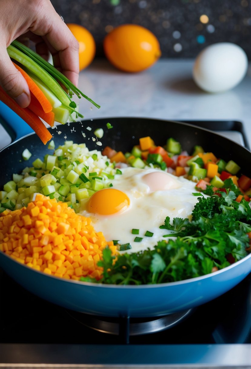 A colorful array of fresh vegetables being chopped and mixed with fluffy egg whites in a sizzling skillet