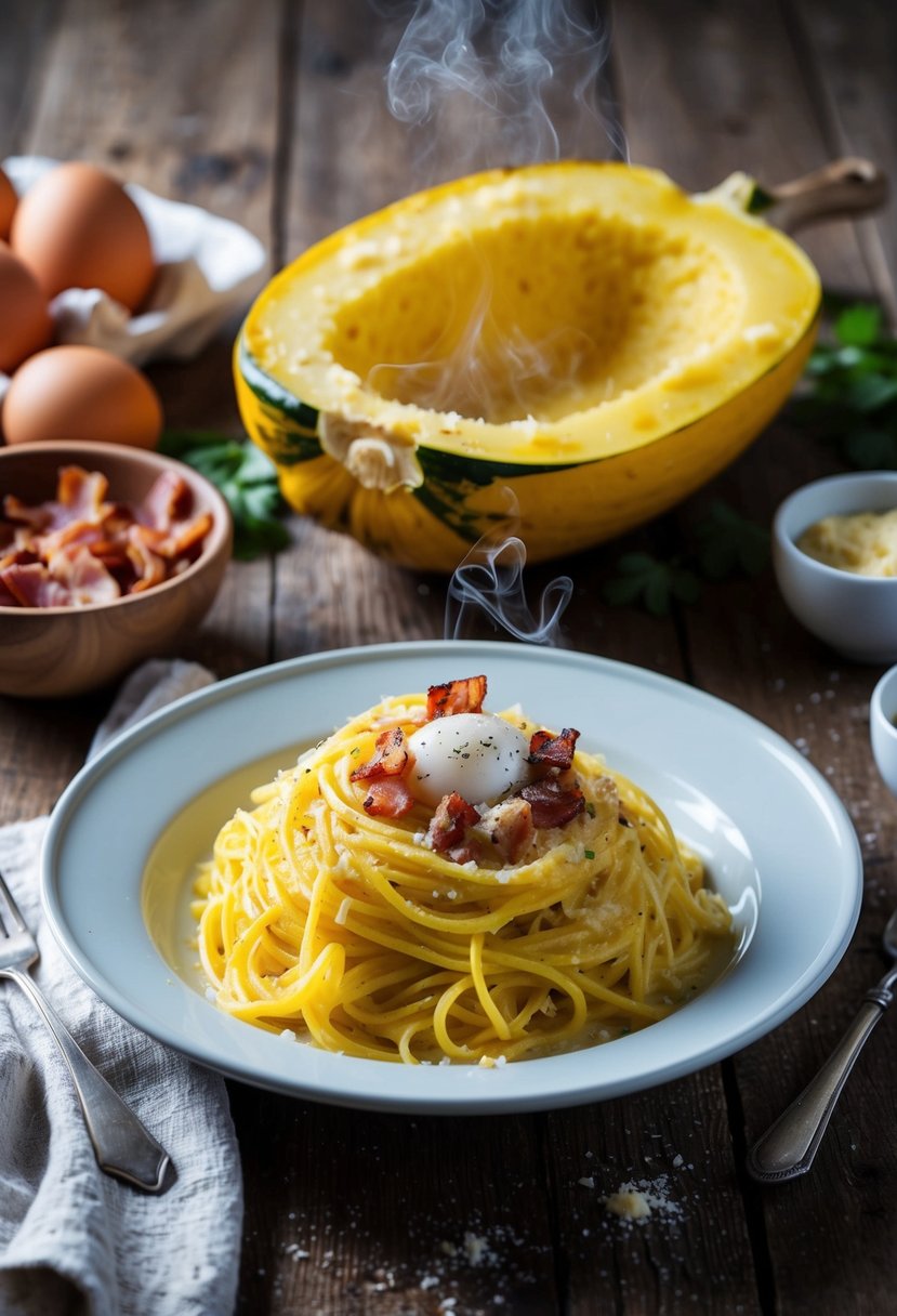 A steaming plate of spaghetti squash carbonara sits on a rustic wooden table, surrounded by fresh ingredients like eggs, bacon, and grated cheese