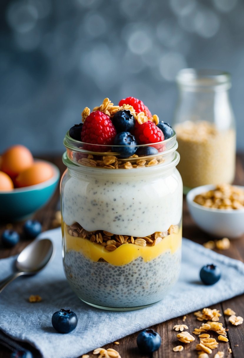 A glass jar filled with layers of chia seeds and egg white pudding, topped with fresh berries and a sprinkle of granola