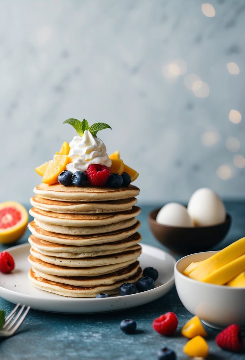 A stack of protein pancakes topped with fresh fruit and a dollop of whipped cream, alongside a bowl of fluffy egg whites