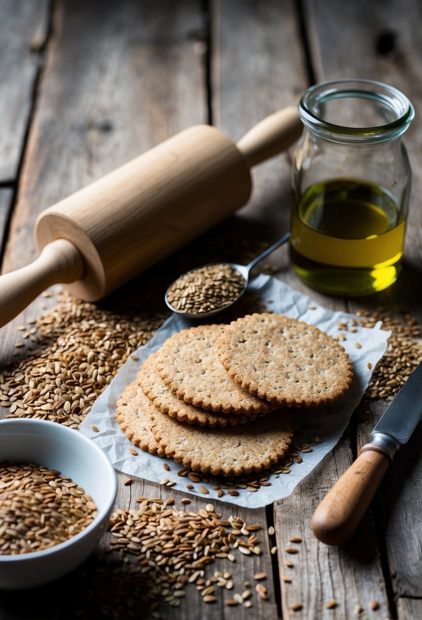 A rustic wooden table with a pile of flaxseed crackers, a rolling pin, and scattered flaxseeds. A bowl of mixed seeds and a jar of olive oil sit nearby