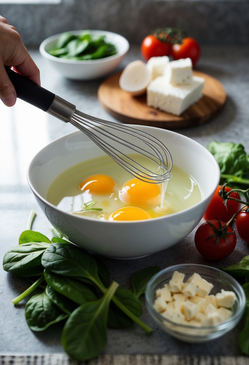 A bowl of egg whites being whisked with a fork, surrounded by ingredients like spinach, tomatoes, and feta cheese on a kitchen counter