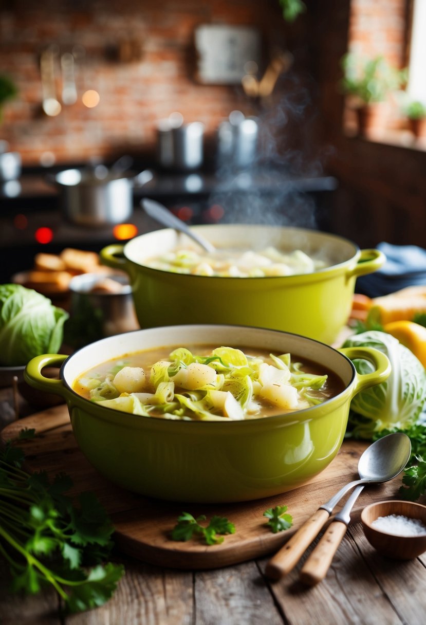 A rustic kitchen with a bubbling pot of cabbage stew surrounded by fresh ingredients and a warm, inviting atmosphere