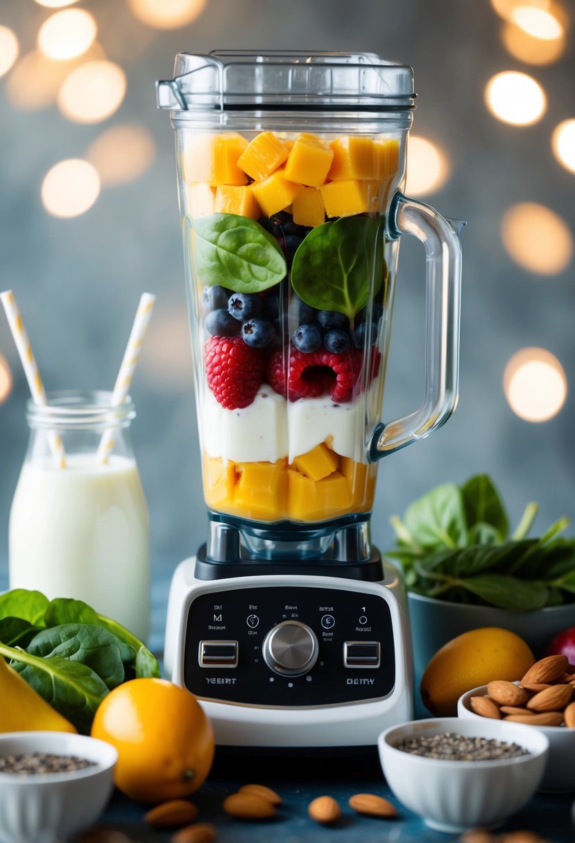 A blender filled with fresh fruits, yogurt, and egg whites, surrounded by a variety of healthy ingredients like spinach, almond milk, and chia seeds